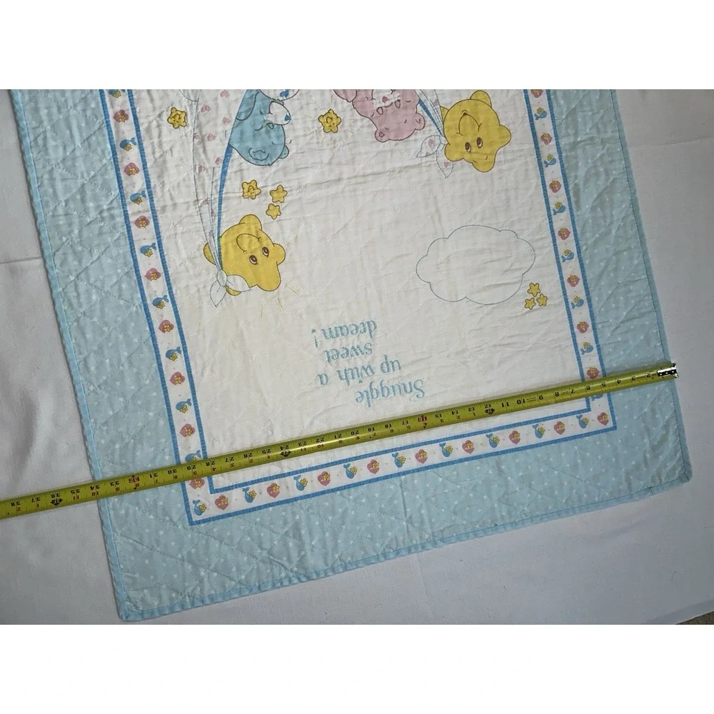 Vtg Care Bears Baby Crib Quilt Handmade 32x43 Nursery Blanket Stars Blue Edge